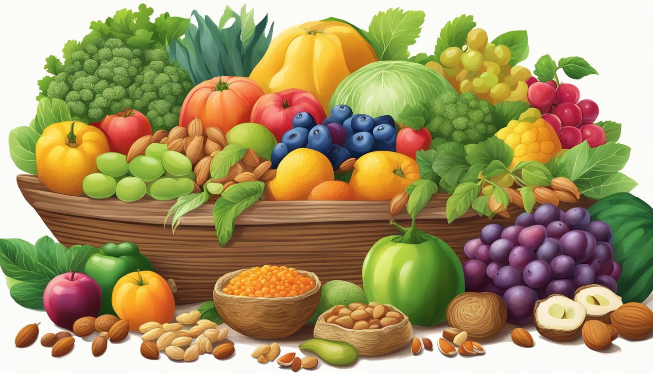 A colorful array of fruits, vegetables, nuts, and seeds overflowing from a woven basket onto a rustic wooden table. The vibrant assortment showcases an abundance of affordable, antioxidant-rich superfoods