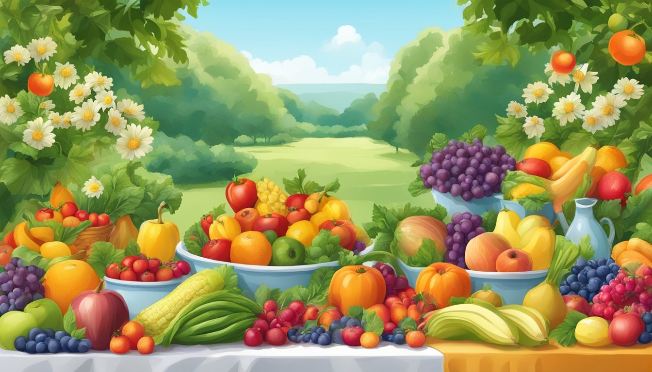 A bountiful table filled with vibrant seasonal fruits and vegetables, surrounded by blooming flowers and lush greenery, under a clear blue sky