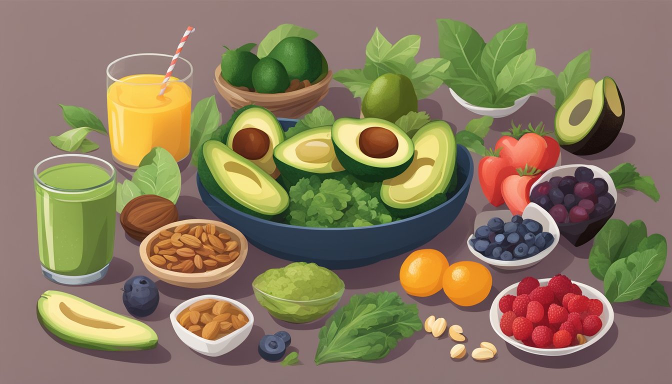 A colorful array of heart-healthy superfoods arranged on a table, including avocados, berries, nuts, leafy greens, and whole grains