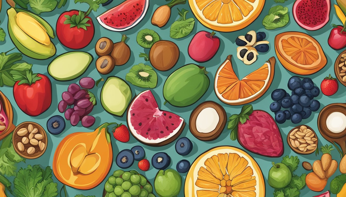 A colorful array of superfoods arranged in a circular pattern, with fruits, vegetables, nuts, and seeds, representing various life stages