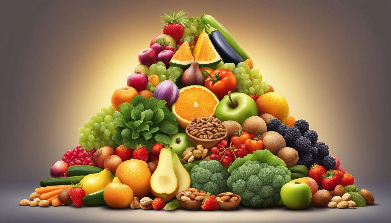 A colorful array of vibrant fruits, vegetables, nuts, and seeds arranged in a pyramid shape, with a glowing golden light shining from the top