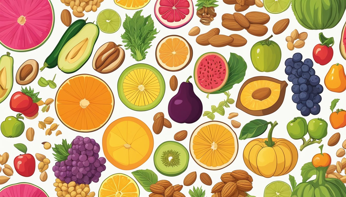 A vibrant array of colorful fruits, vegetables, grains, and nuts arranged in a circular pattern, representing the stages of life from infancy to the golden years