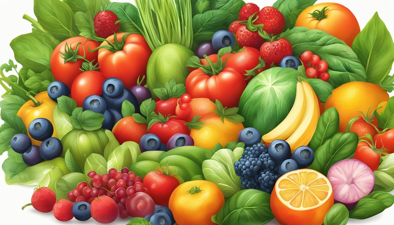 A vibrant array of colorful fruits and vegetables, such as berries, spinach, and tomatoes, arranged in a dynamic composition, surrounded by bursts of energy and vitality