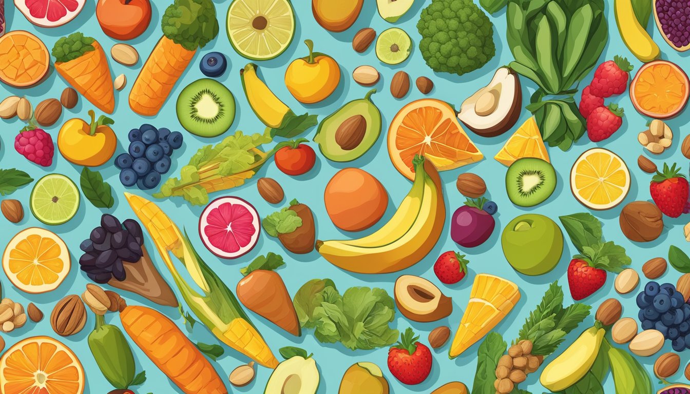 A vibrant array of fruits, vegetables, and nuts arranged in a circular pattern, representing the various superfoods for different life stages