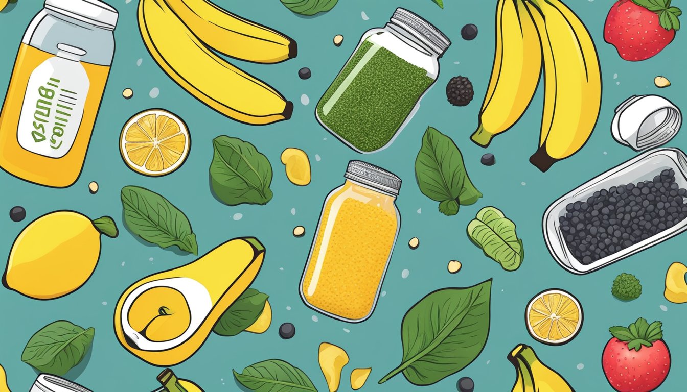 A vibrant array of superfoods, including bananas, spinach, and chia seeds, arranged around a sleek water bottle and workout gear