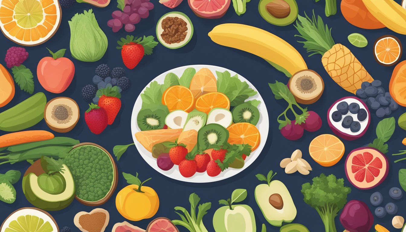 A vibrant array of superfoods arranged in a circular pattern, with fruits, vegetables, nuts, and seeds. Each item is labeled with its respective health benefits for different life stages