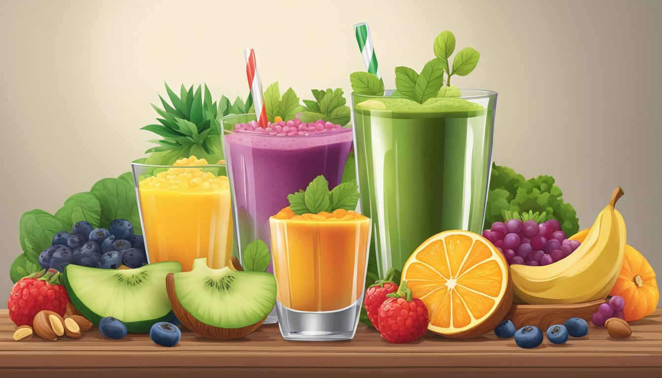 A colorful array of fresh fruits, vegetables, nuts, and seeds arranged on a table, with a vibrant smoothie being poured into a glass