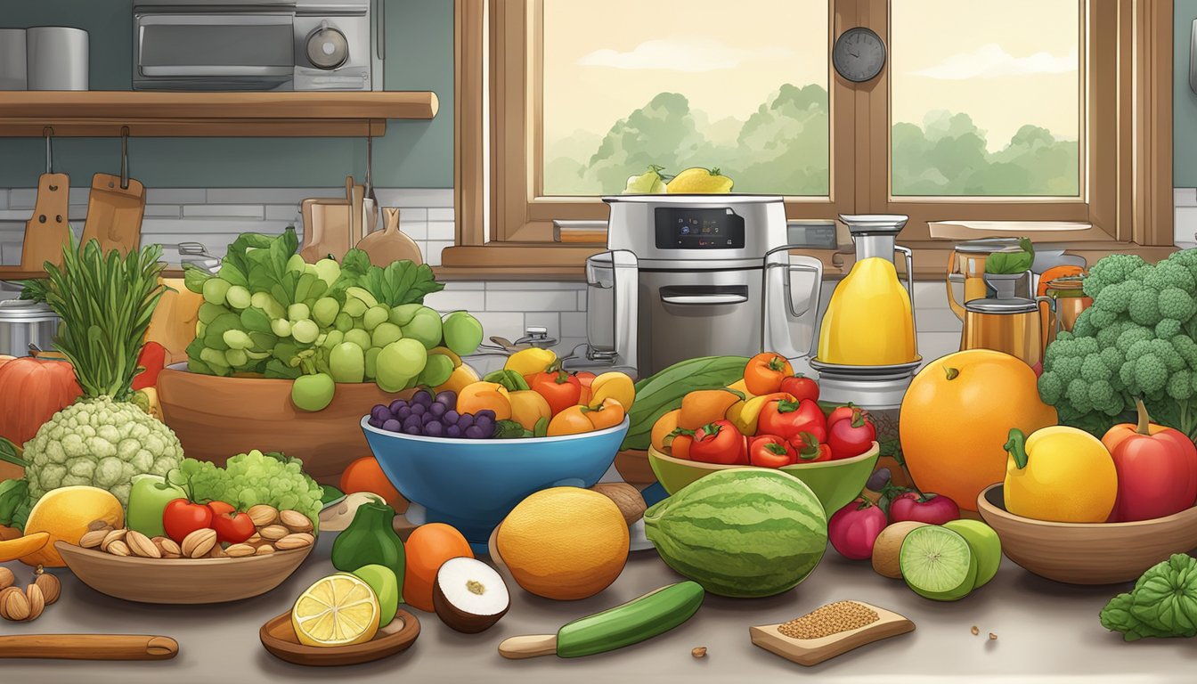 A colorful array of fresh fruits, vegetables, nuts, and seeds arranged on a kitchen counter, with a variety of cooking utensils and appliances nearby