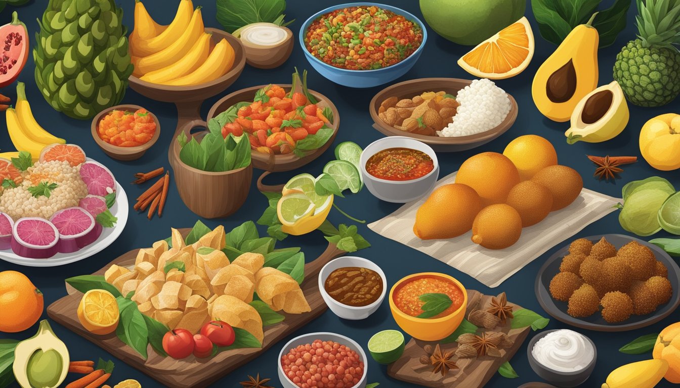 A table displaying a colorful array of signature foods from different cuisines around the world, including exotic fruits, spices, and traditional dishes