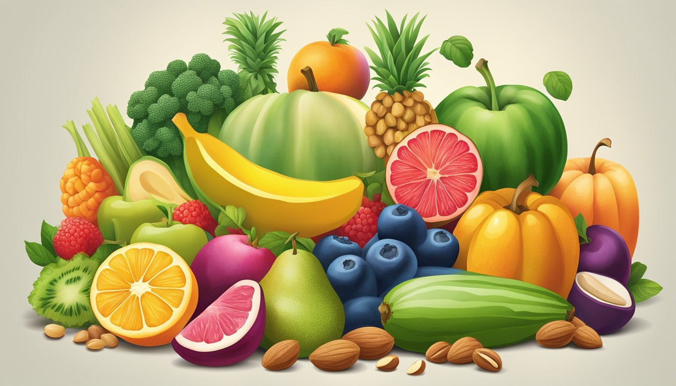 A colorful array of fruits, vegetables, and nuts arranged in a spectrum, with some items appearing more vibrant and prominent than others