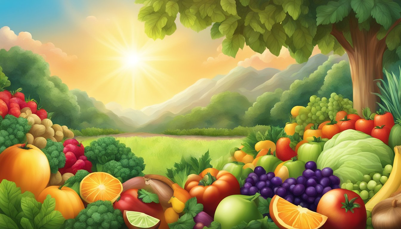 A lush garden bursting with vibrant fruits, vegetables, nuts, and seeds, surrounded by a radiant glow, symbolizing the natural allies in preventing chronic disease