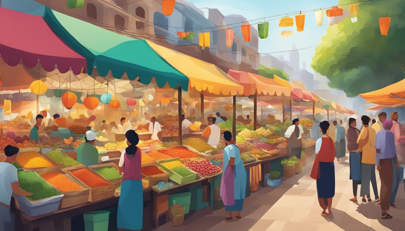 A bustling street market with colorful food stalls from various cultures, showcasing an array of exotic and vibrant superfoods