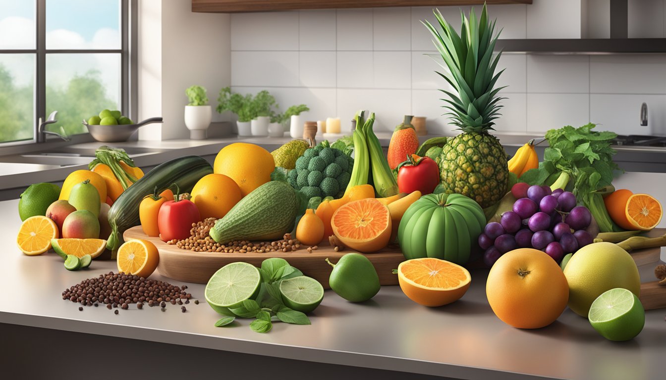 A vibrant array of exotic fruits, vegetables, and spices from diverse cultures arranged on a sleek, modern kitchen counter