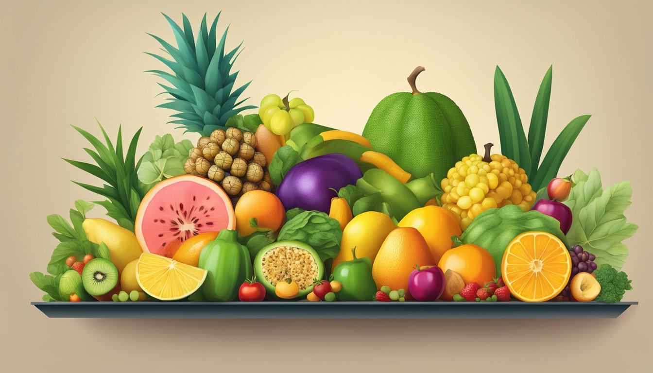 A vibrant array of exotic fruits, vegetables, and seeds arranged in a modern and trendy display