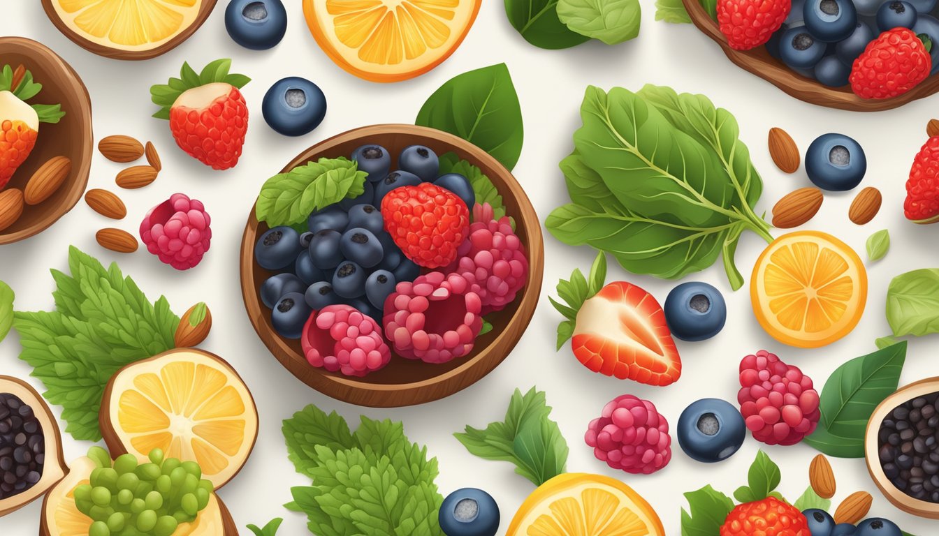 A colorful array of superfoods, including berries, nuts, and leafy greens, arranged in a visually appealing and balanced composition