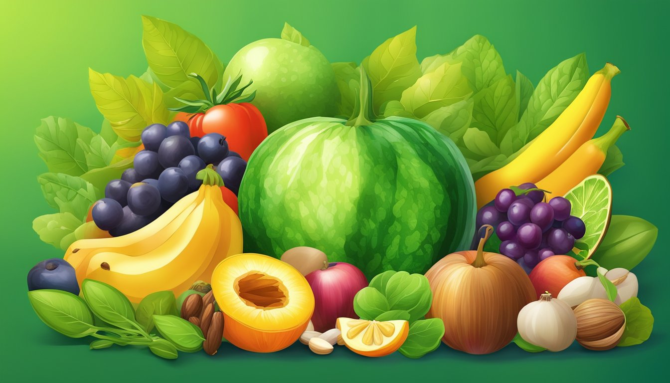 A colorful array of fruits, vegetables, nuts, and seeds bursting with vitality and energy, surrounded by vibrant green leaves and a radiant sun in the background