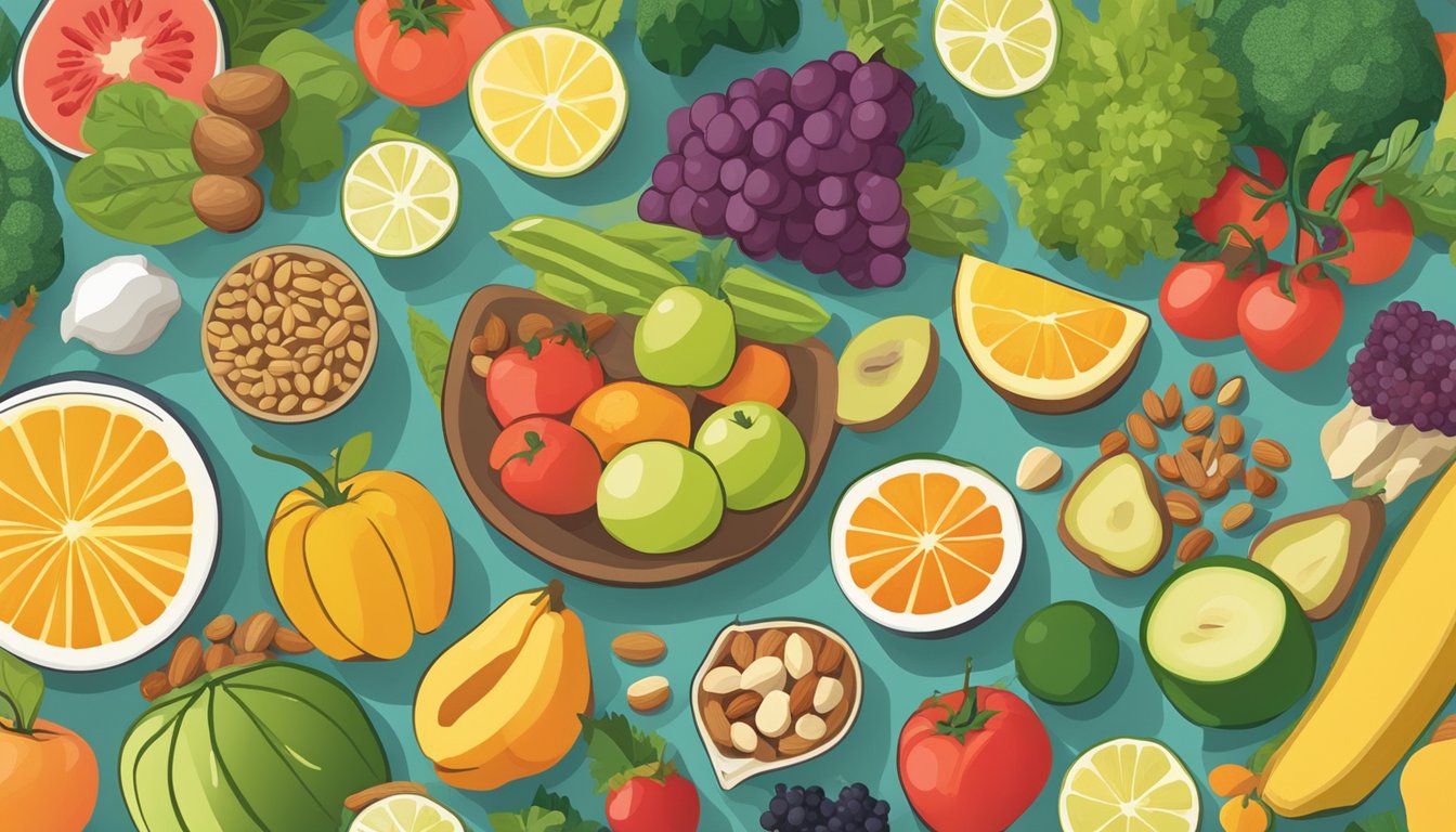 A colorful array of fruits, vegetables, grains, and nuts displayed on a table, surrounded by informational posters debunking superfood myths