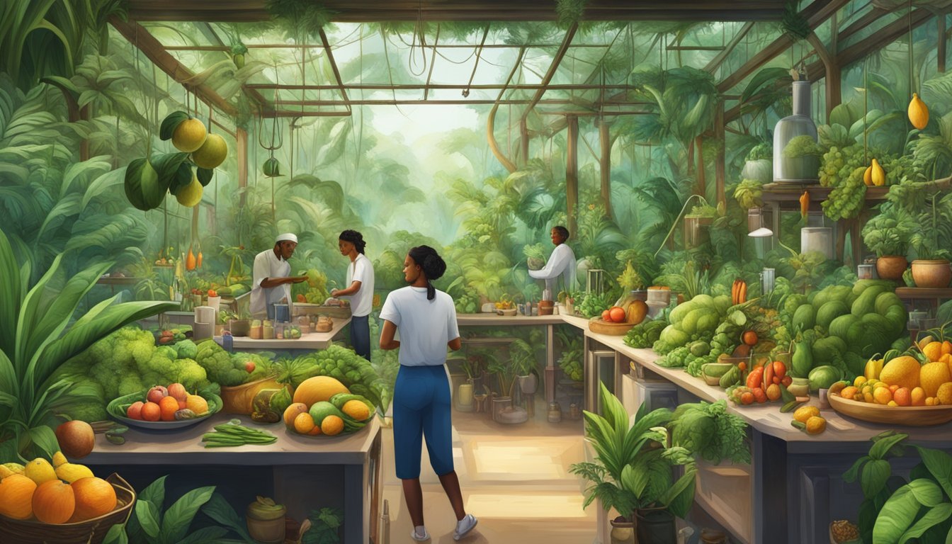 A lush, vibrant jungle teeming with exotic fruits and vegetables, surrounded by a diverse array of scientific equipment and researchers conducting experiments