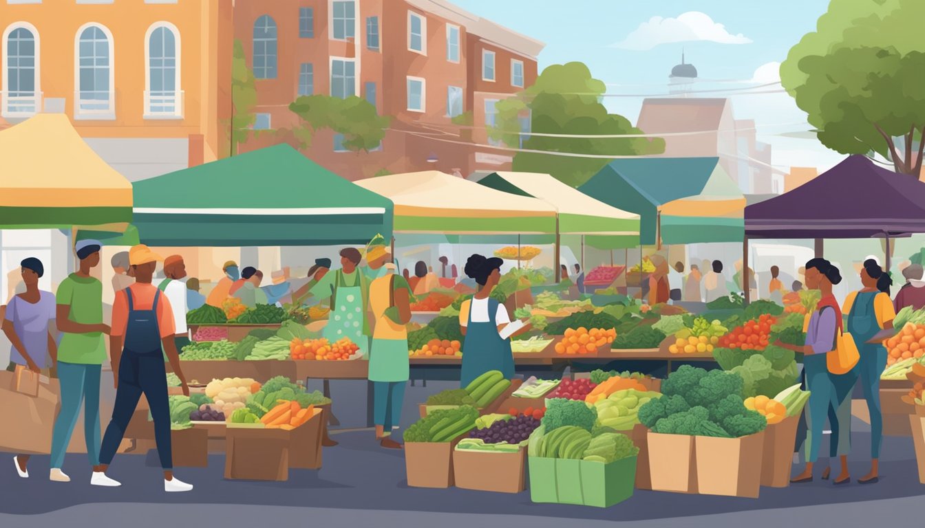 A bustling farmers' market with colorful stalls, fresh produce, and local vendors. A variety of superfoods like kale, berries, and avocados on display