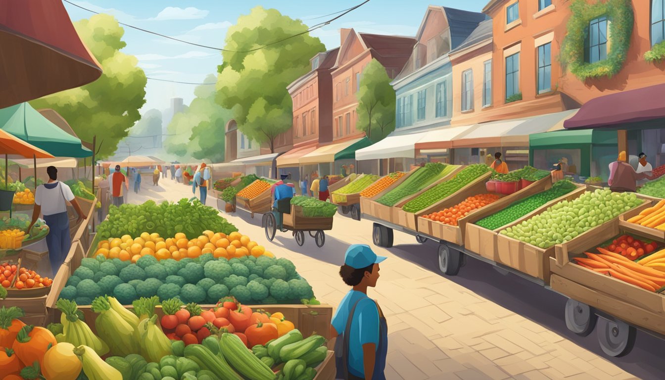 A lush, vibrant farm with rows of crops, a bustling farmer's market, and a colorful array of fruits and vegetables being transported to a bustling urban area