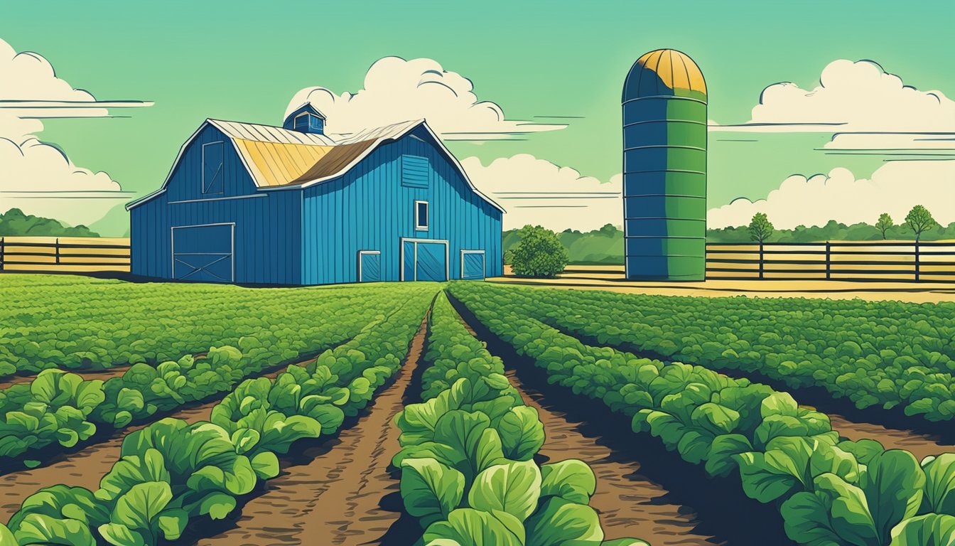 A vibrant farm scene with rows of leafy green superfood plants, a bright blue sky, and a barn in the background