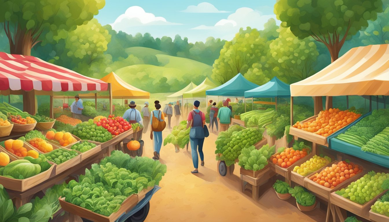 A vibrant farm scene with rows of leafy greens, colorful fruits, and bustling farmers market, showcasing the journey of a superfood from farm to table