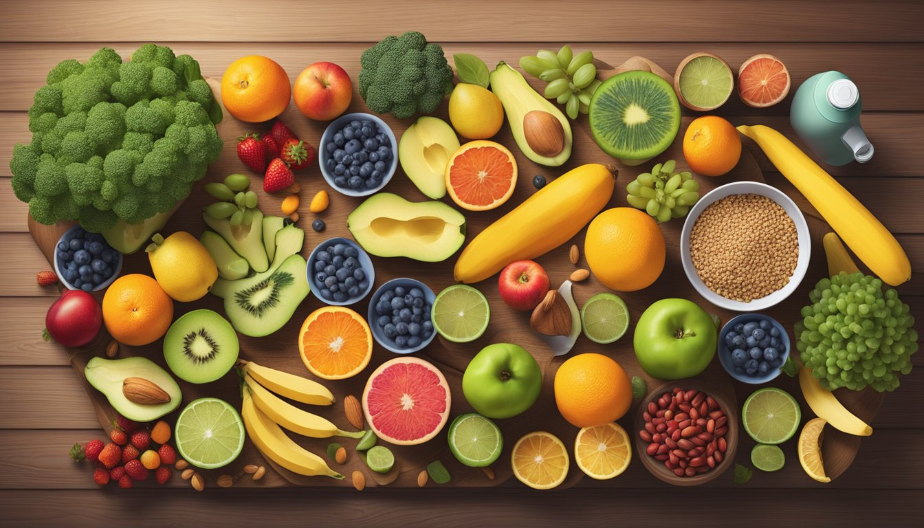 A vibrant array of colorful fruits, vegetables, nuts, and grains arranged on a wooden table surrounded by a yoga mat, running shoes, and a water bottle