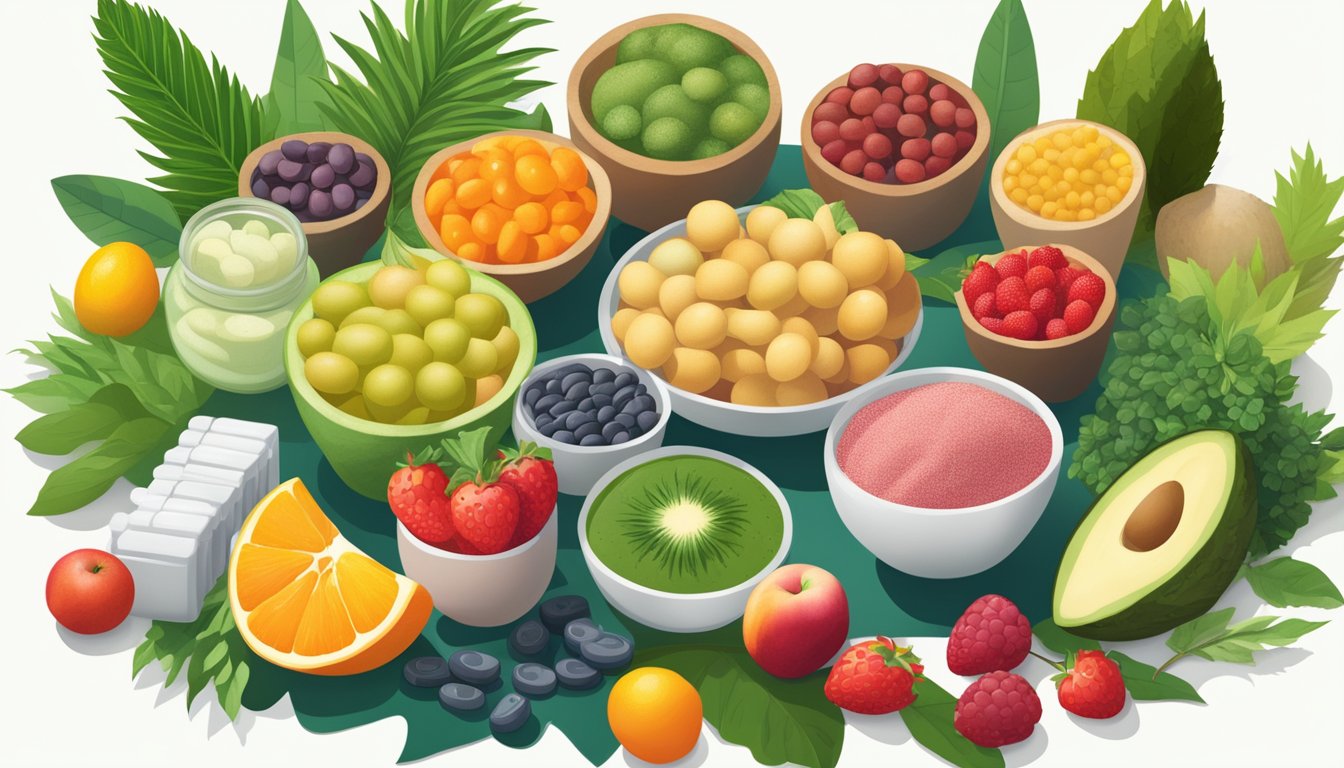 A vibrant array of whole foods, powders, and pills displayed on a table, surrounded by lush greenery and ripe fruits