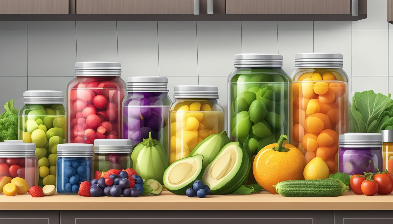 A colorful array of fresh fruits and vegetables contrasts with neatly arranged jars of powdered and pill-form dietary supplements on a sleek, modern kitchen counter