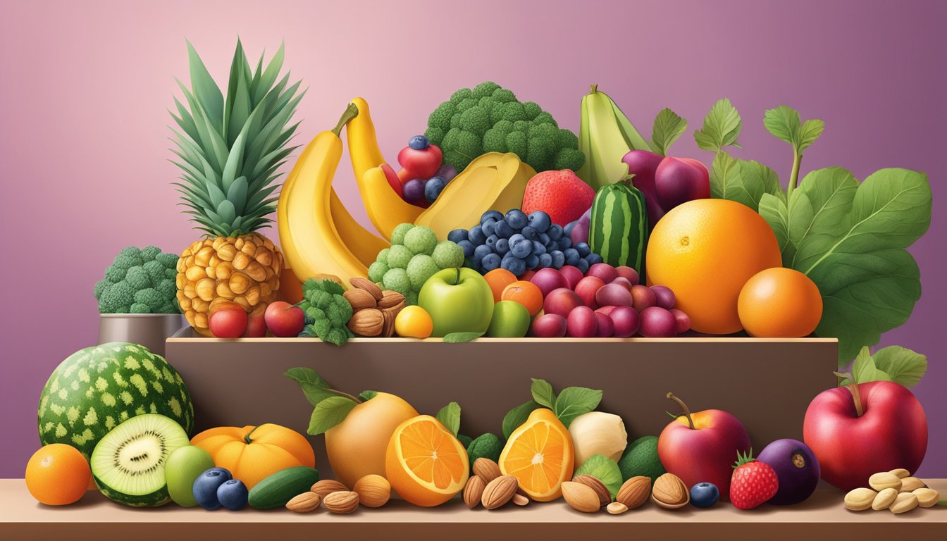 A vibrant assortment of fruits, vegetables, and nuts arranged in a colorful and inviting display, showcasing the variety of vitamins and minerals essential for a radiant complexion