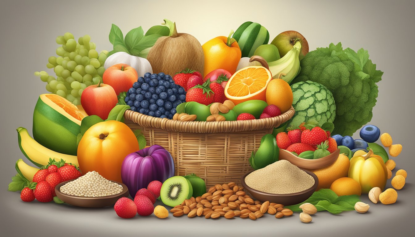 A vibrant array of fresh fruits, vegetables, nuts, and seeds spilling out of a woven basket, surrounded by colorful jars of powdered superfood supplements