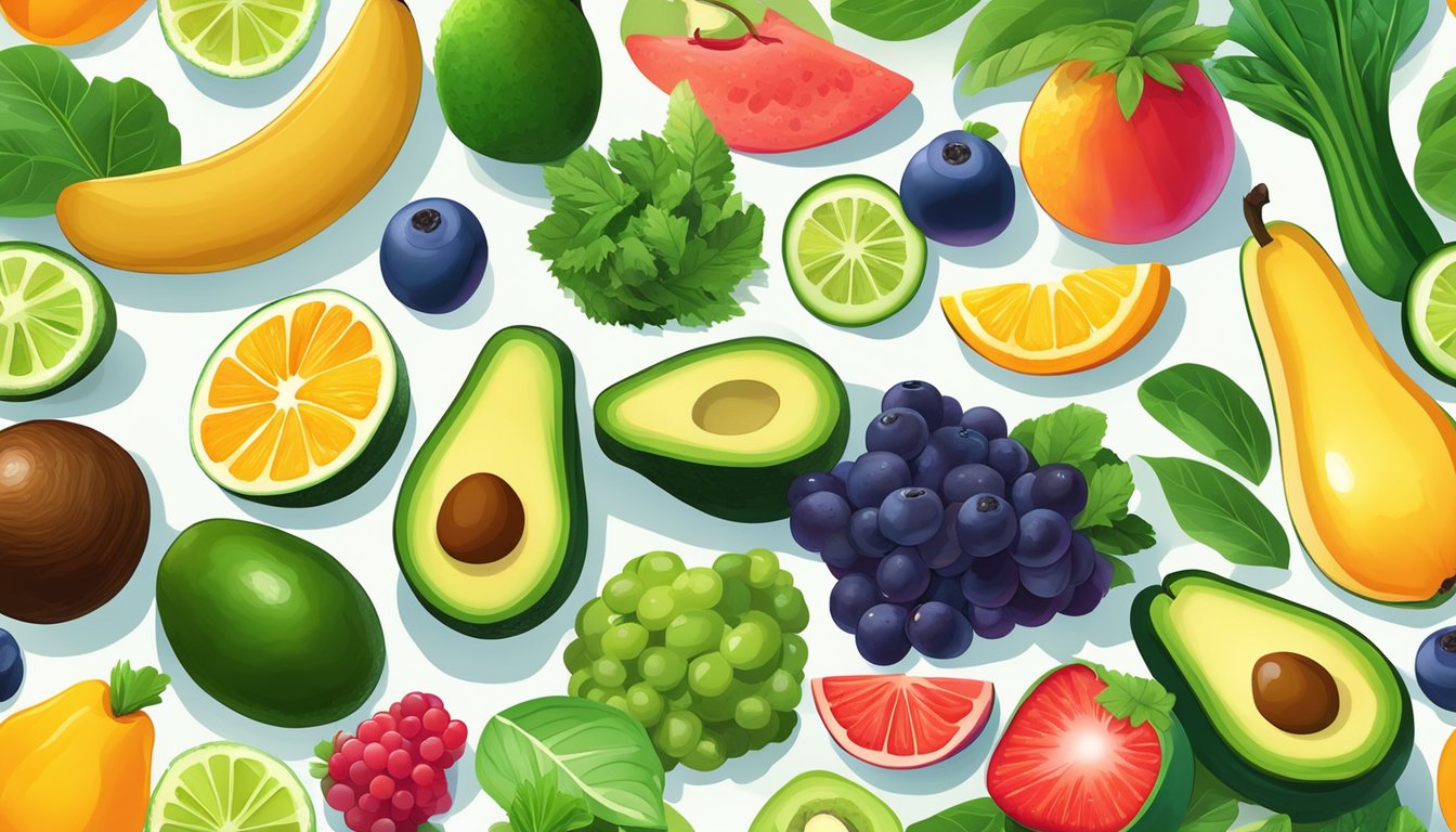 A vibrant array of colorful fruits and vegetables, such as avocados, berries, and leafy greens, arranged in a visually appealing manner, surrounded by radiant beams of light