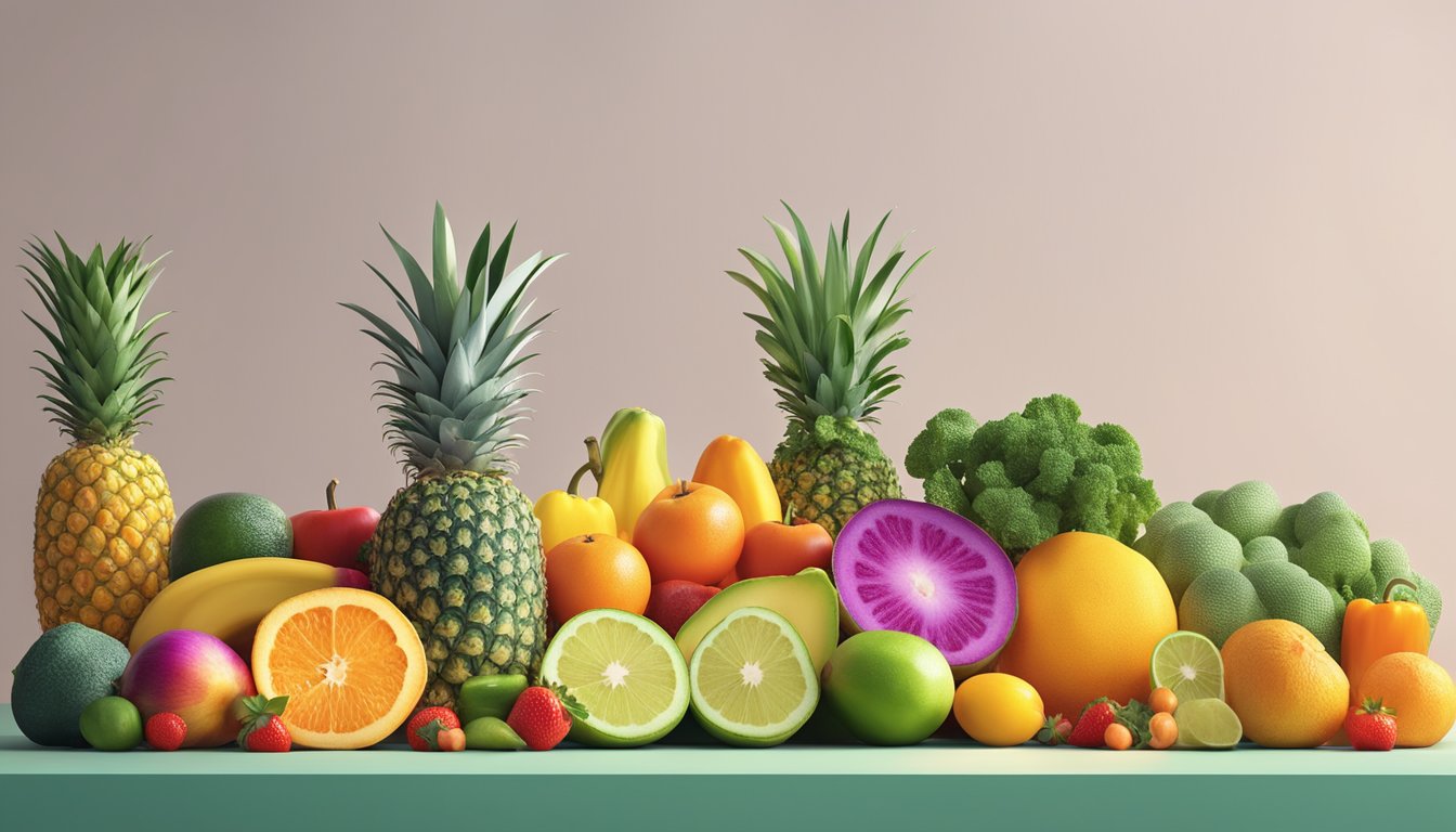 A colorful array of exotic fruits and vegetables arranged on a modern, minimalist display stand. Bright, natural lighting highlights the vibrant hues of the superfoods