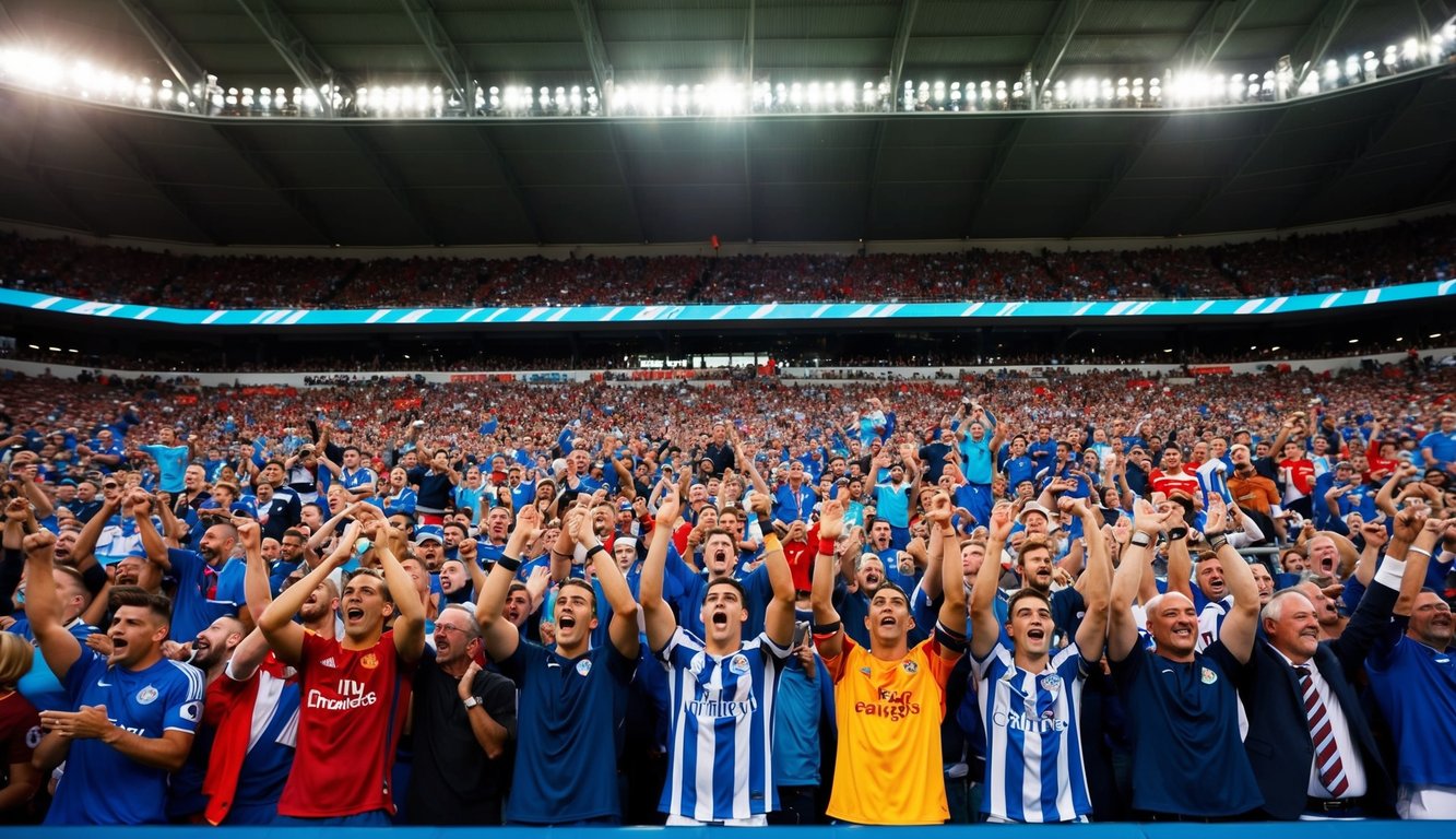 Sebuah stadion olahraga yang ramai dengan penggemar yang bersorak dan pemain yang beraksi