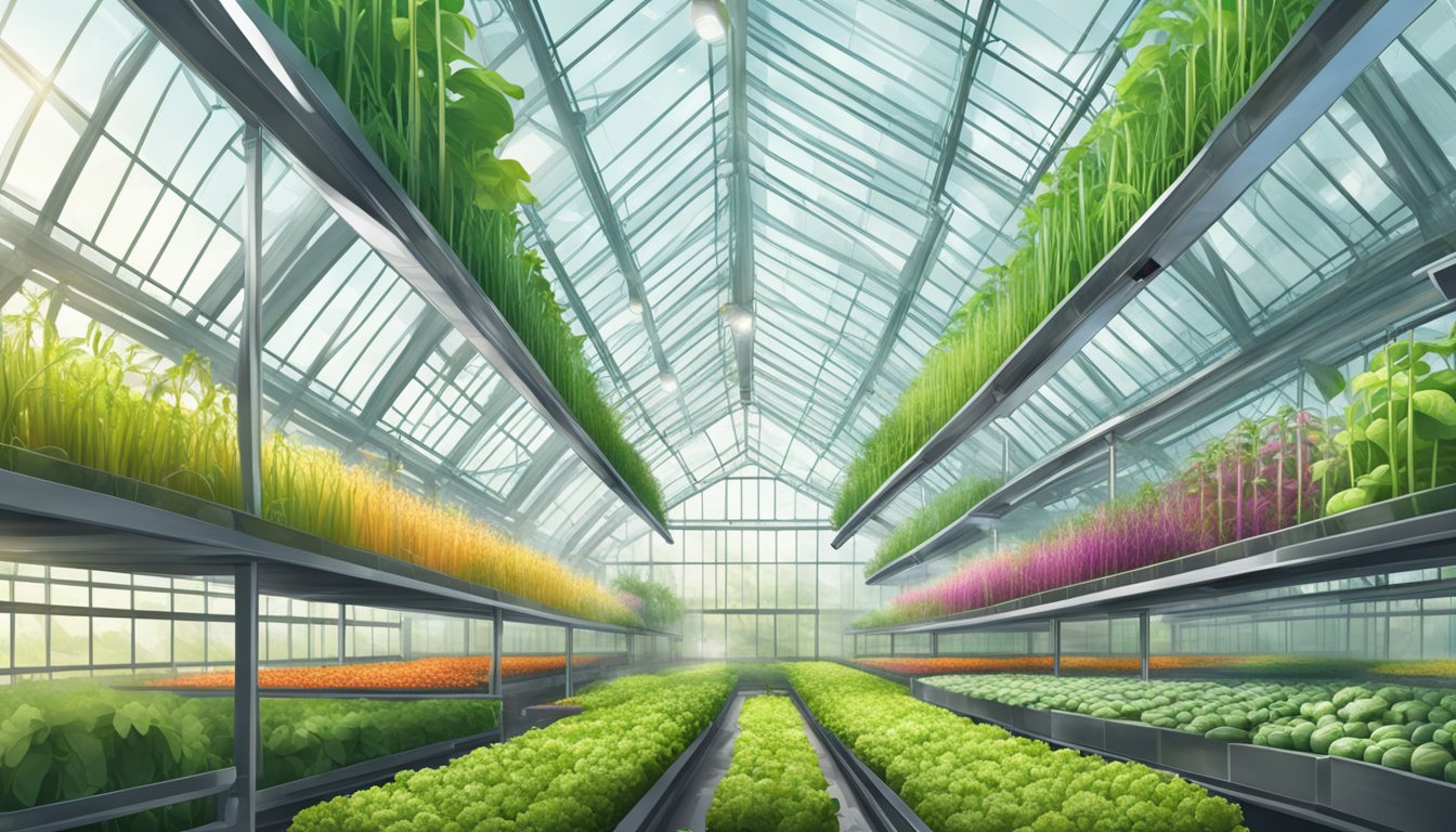 A lush, futuristic greenhouse with diverse crops and advanced technology for sustainable superfood production