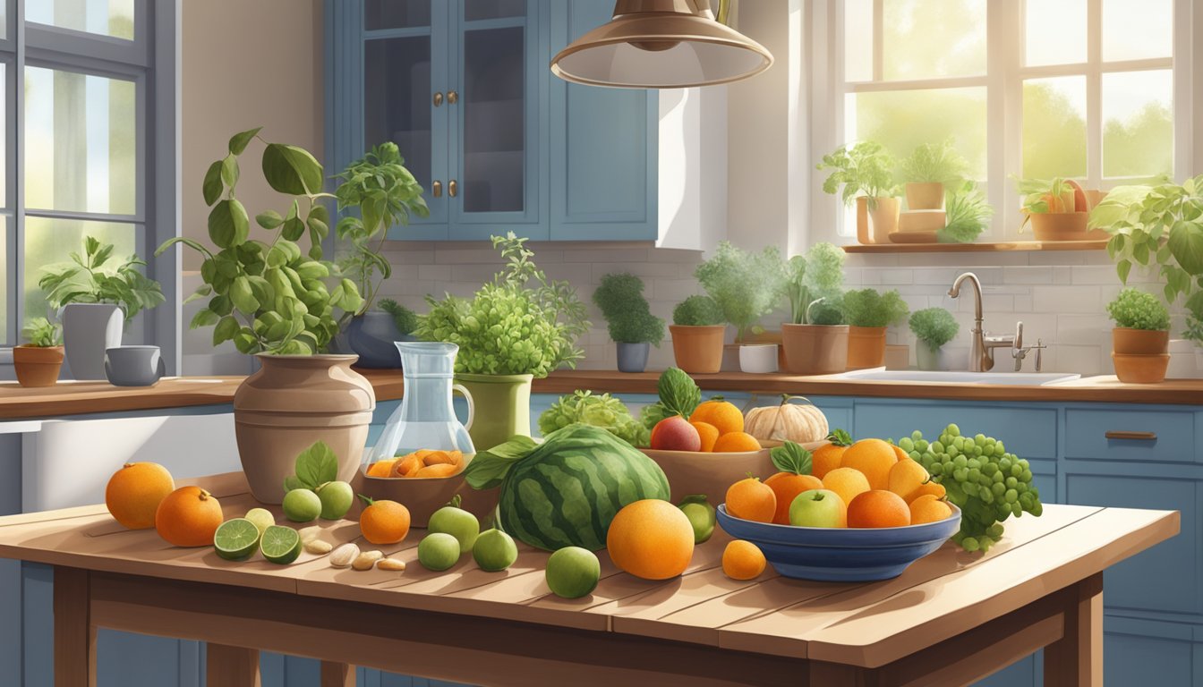 A serene, sunlit kitchen with a variety of vibrant fruits, vegetables, and nuts arranged on a wooden table, surrounded by potted herbs and a pitcher of water