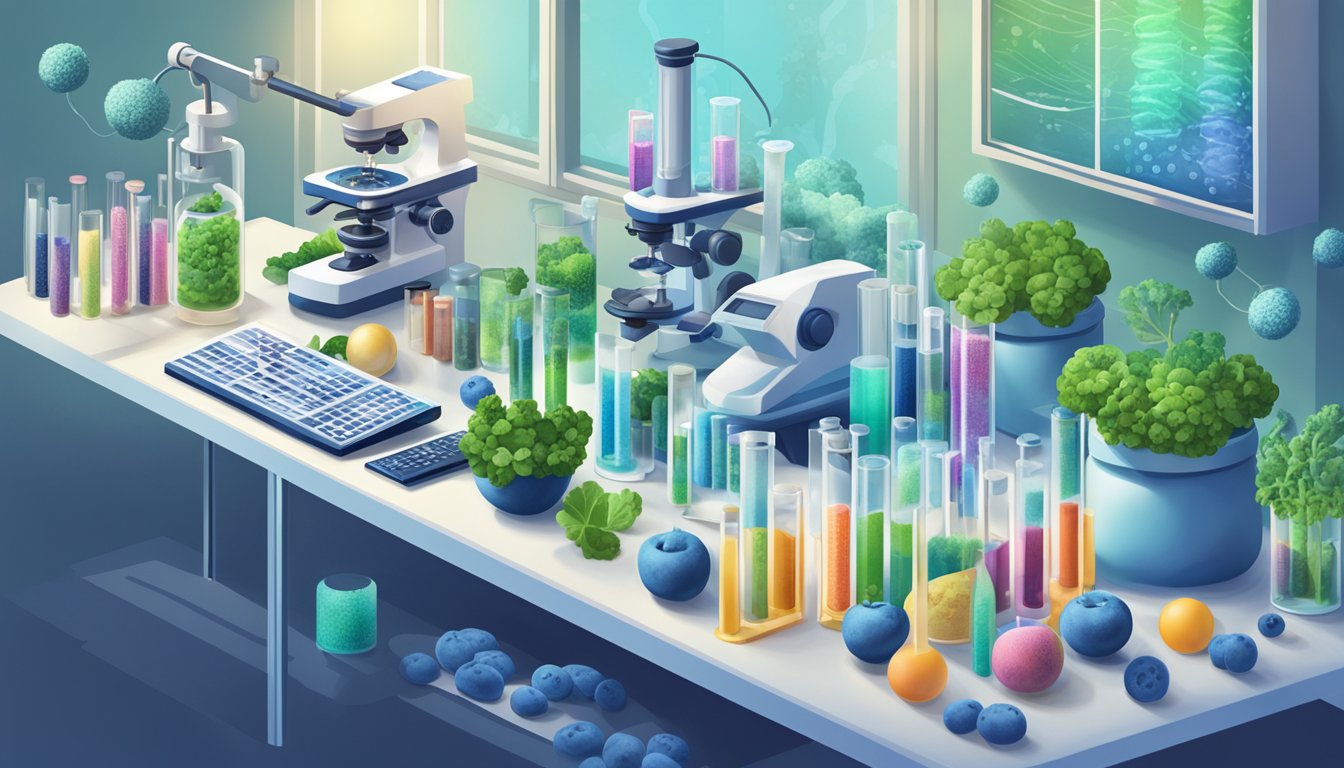 A laboratory setting with test tubes, microscopes, and genetic sequencing equipment. Superfoods like blueberries and kale are displayed alongside DNA helix models