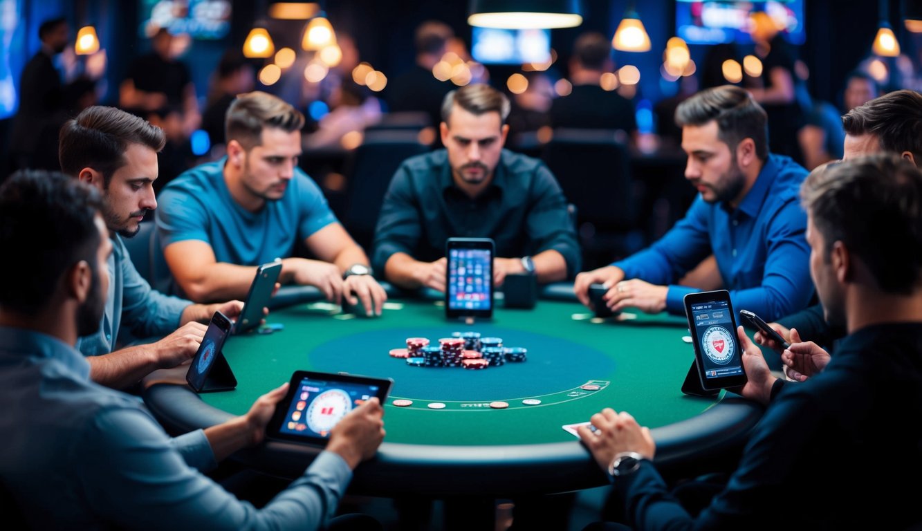 Sekelompok pemain poker berkumpul di sekitar meja virtual, masing-masing dengan perangkat mereka sendiri, terlibat dalam permainan online yang intens.