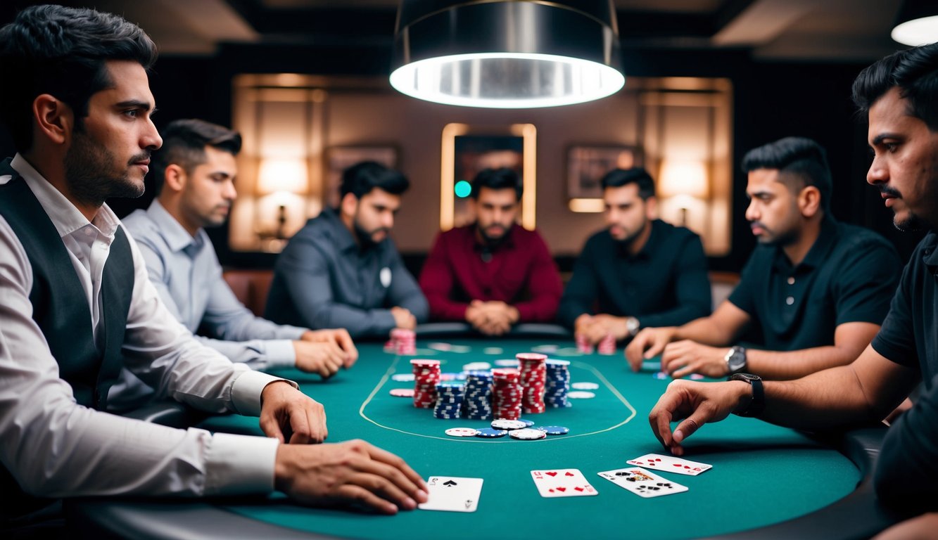 Sekelompok pemain poker duduk di sekitar meja, chip dan kartu tersebar. Ketegangan memenuhi ruangan saat mereka merencanakan langkah selanjutnya.