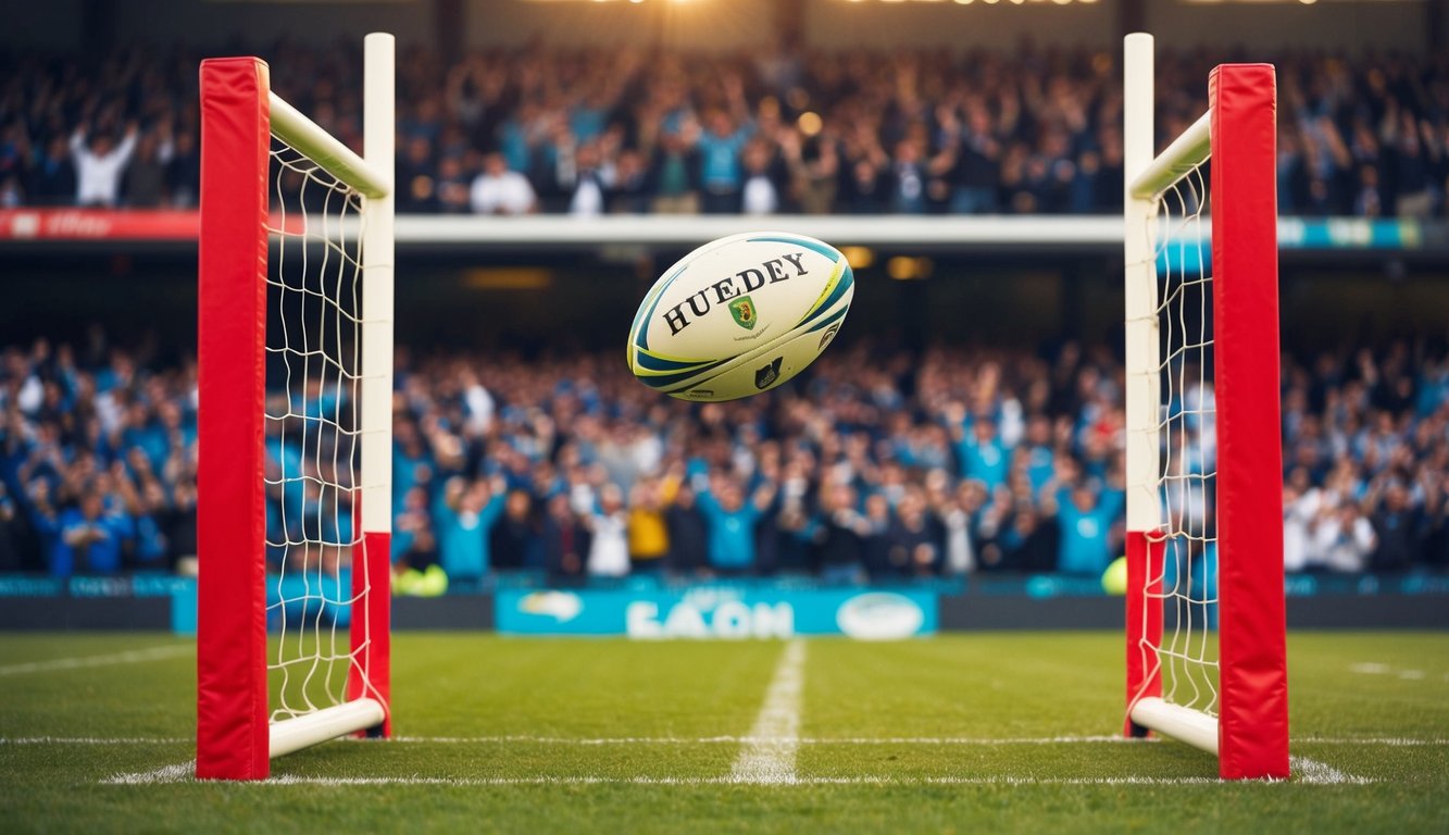 Sebuah bola rugby terbang melalui tiang gawang, dikelilingi oleh penggemar yang bersorak di stadion