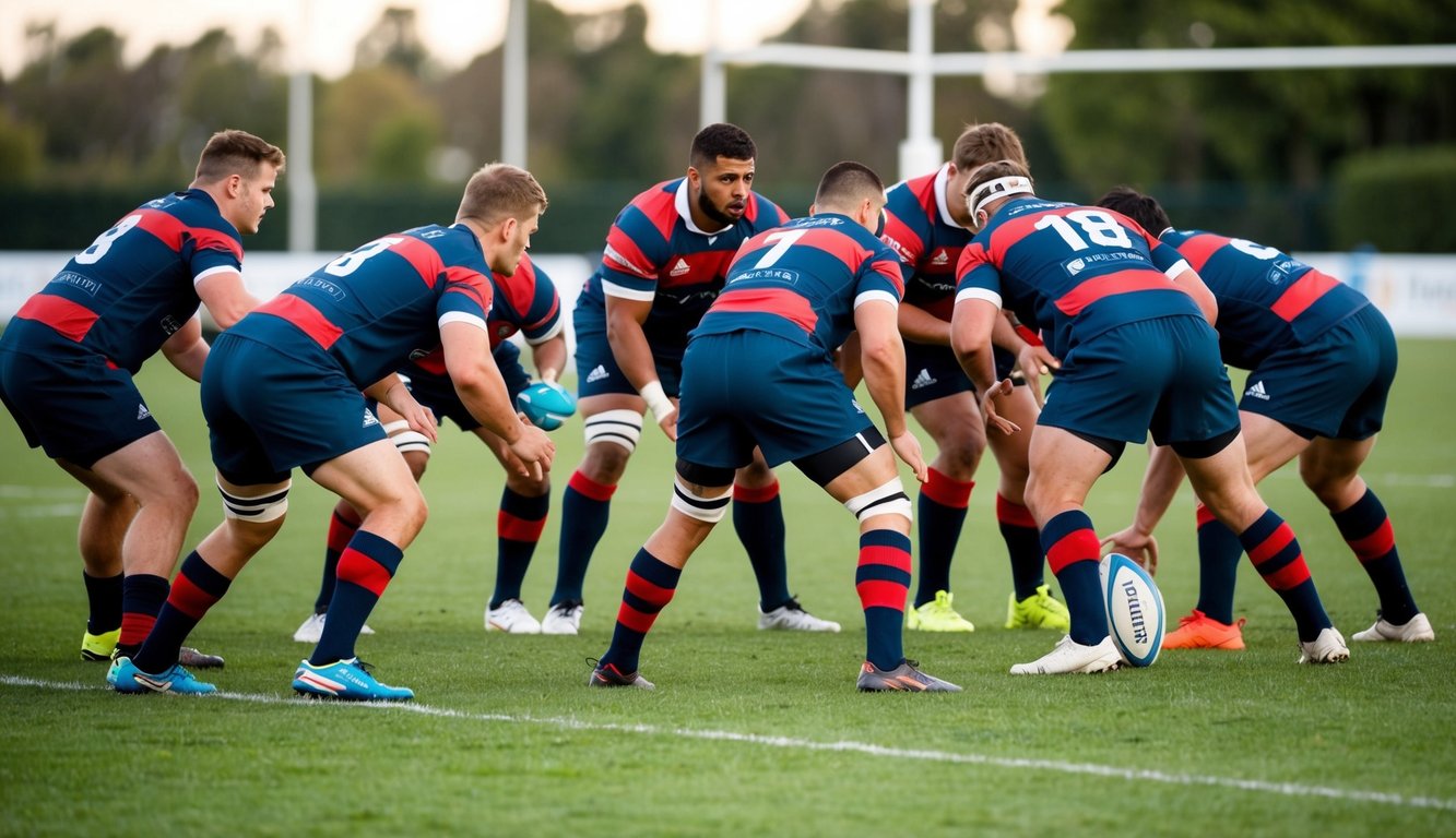 Sebuah lapangan rugby dengan pemain yang merencanakan dan menyusun strategi untuk permainan