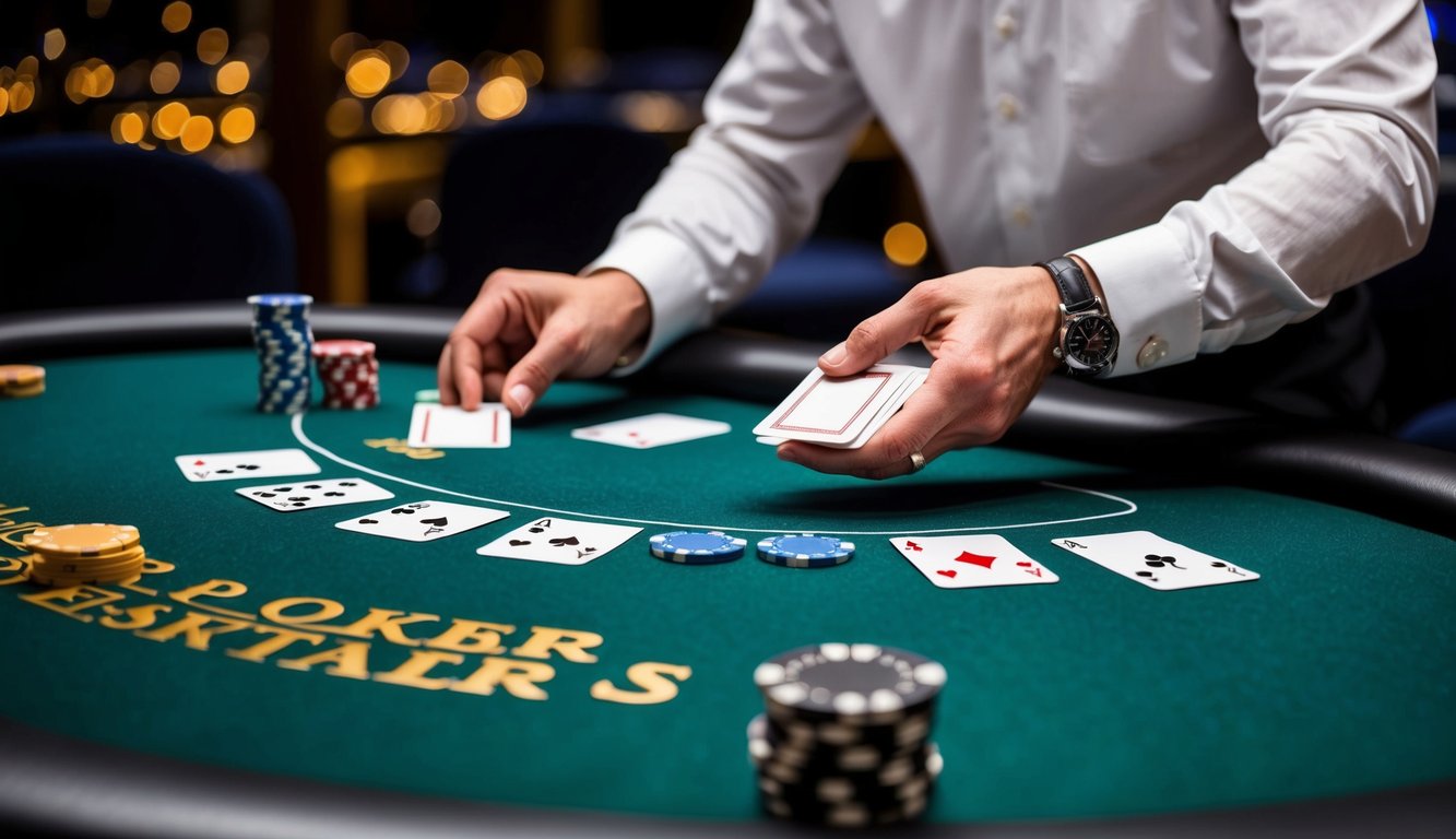 Sebuah meja poker dengan kartu, chip, dan tangan dealer yang mengocok dek