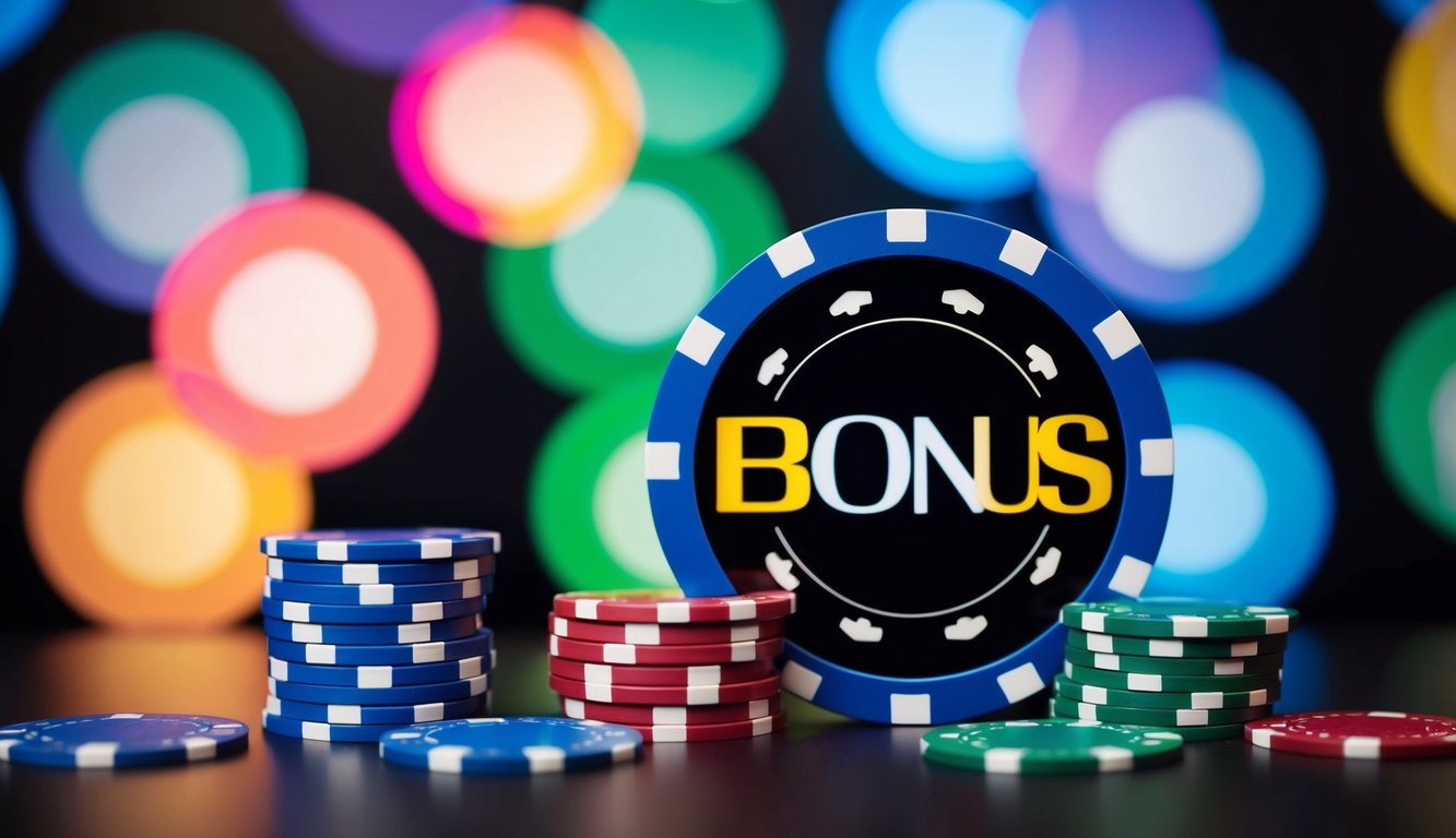 Antarmuka digital yang berwarna-warni dengan chip poker, kartu, dan ikon bonus besar yang ditampilkan dengan jelas