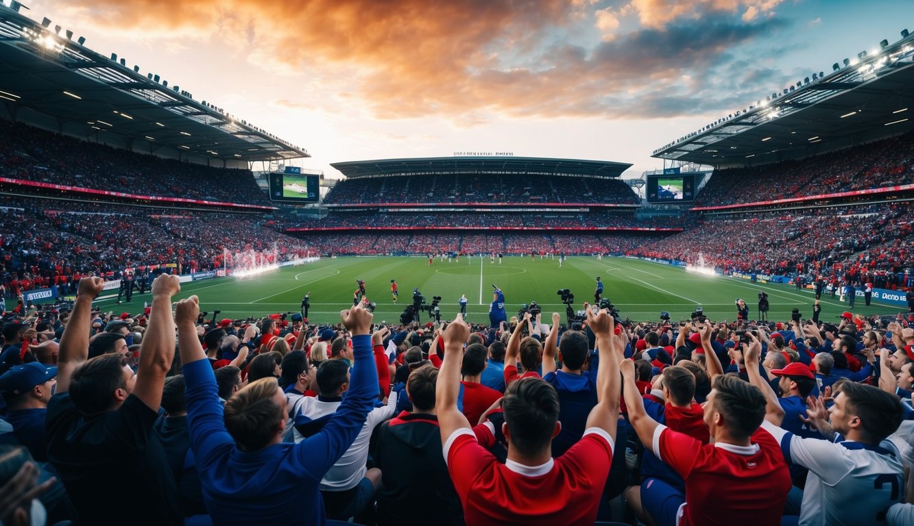 Sebuah stadion olahraga yang ramai dengan penggemar yang bersorak dan pemain yang sedang beraksi