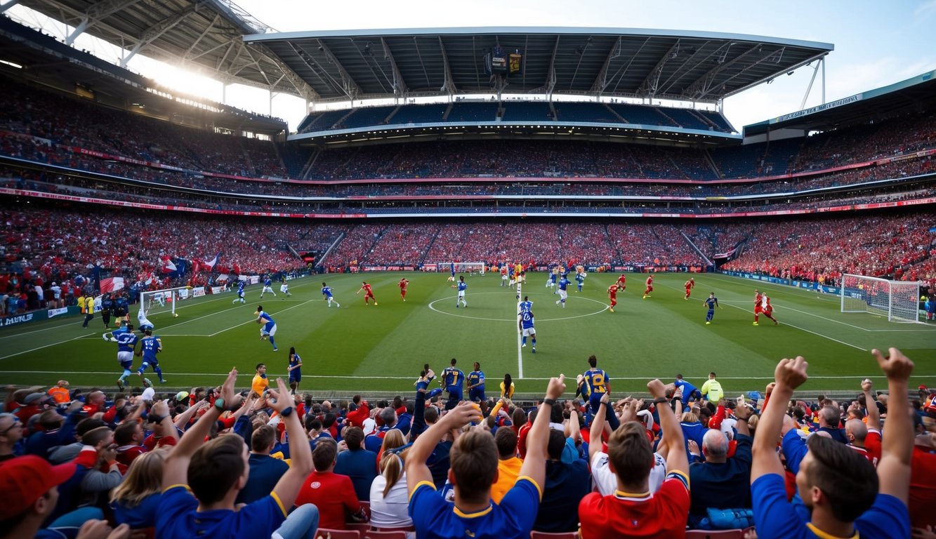 Sebuah stadion olahraga yang ramai dengan penggemar yang bersorak dan pemain yang beraksi di lapangan