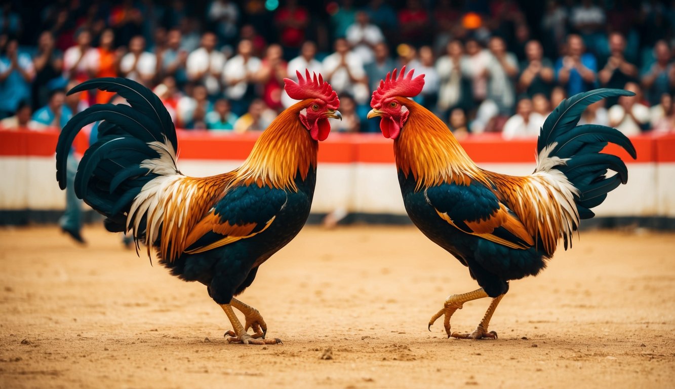 Dua ayam jantan yang berhadapan di arena sabung ayam tradisional, dikelilingi oleh kerumunan yang bersorak.