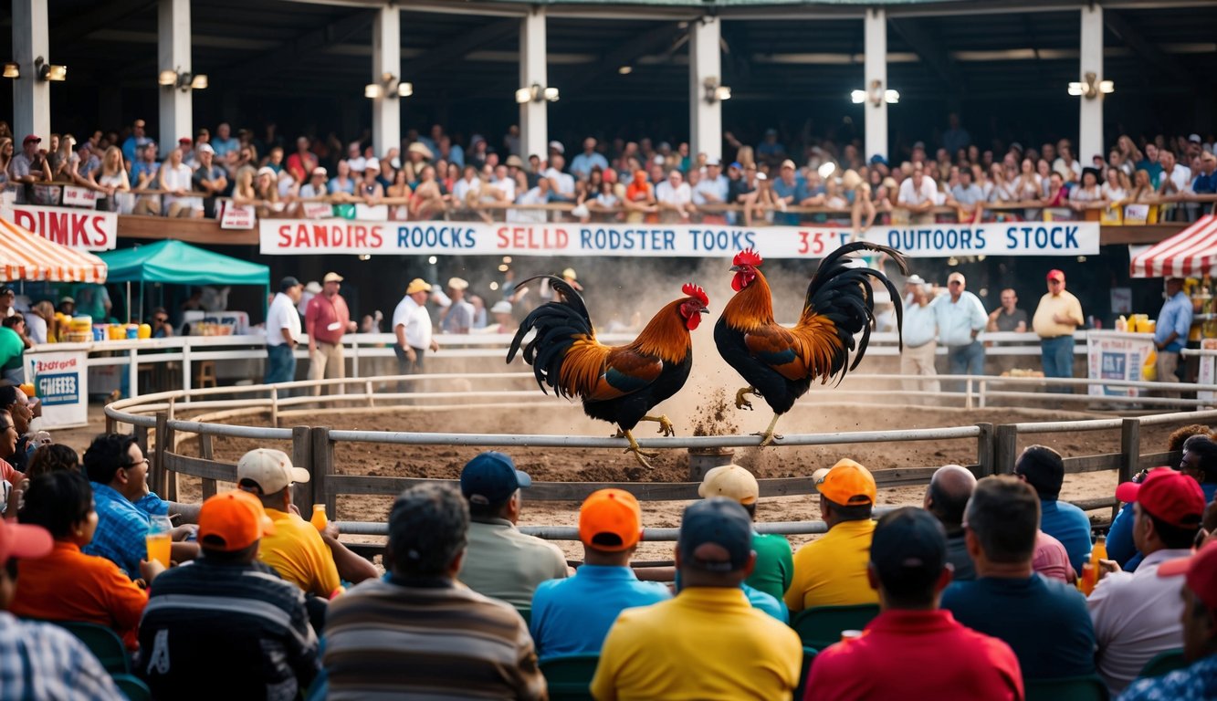 Sebuah arena luar ruangan yang ramai dengan ayam jantan bertarung di tengah, dikelilingi oleh penonton yang bersorak dan pedagang yang menjual makanan ringan dan minuman.