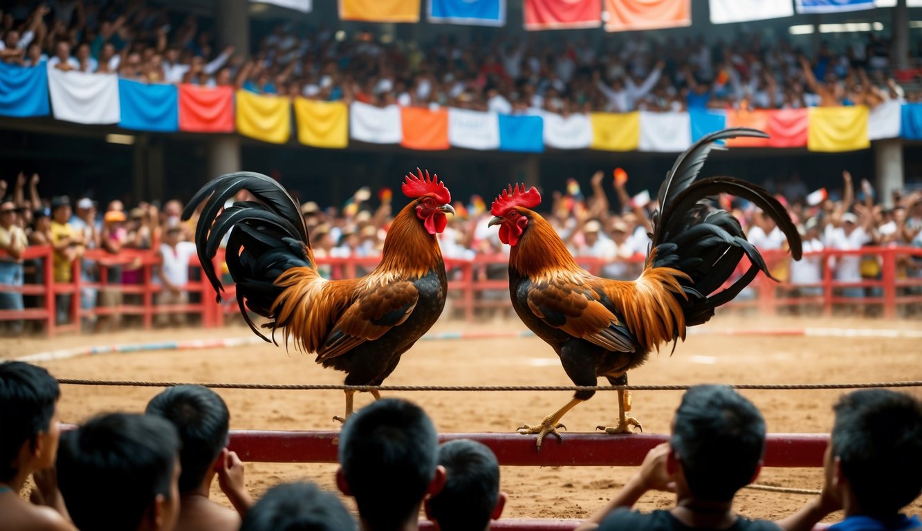 Sebuah arena yang ramai dengan dua ayam jantan yang berhadapan dalam pertandingan sabung ayam tradisional, dikelilingi oleh penonton yang bersorak dan spanduk berwarna-warni