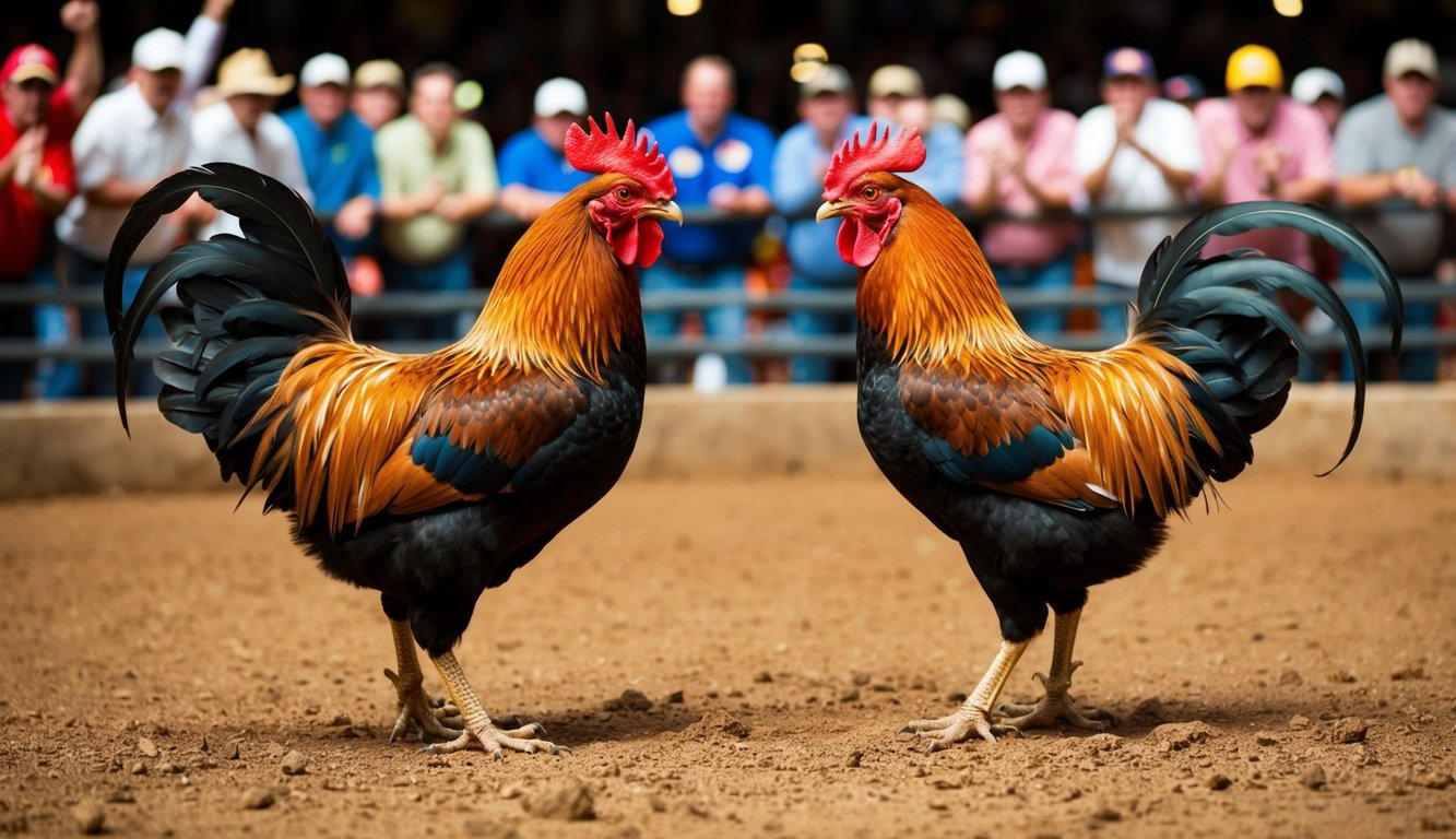 Dua ayam jantan berhadapan di sebuah lubang tanah yang dikelilingi oleh kerumunan penonton yang bersorak-sorai