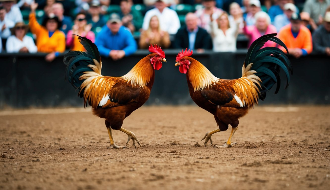 Dua ayam jantan berhadapan di arena berlantai tanah, dikelilingi oleh penonton yang bersorak